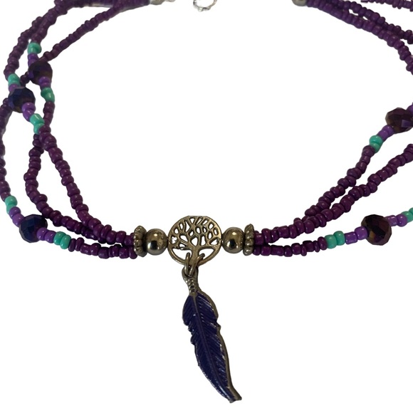 BOHEMIAN HANDMADE ANKLET PURPLE BEADS WITH FEATHER CHARM MULTICOLOR - Picture 5 of 10